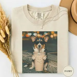 Comfort Colors Funny Cardigan Corgi Drinking Iced Coffee Shirt, Animal Meme Tee, Dog Lover Gift, Funny Corgi Shirt, Coffee Tee, Dog Mom Gift LO