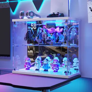 Dystler Lighted Clear Glass Display Case - for Figures & Collectibles, Small 2-Tier Display Cabinet with Charging Station, LED Display Box with Lights & Human Sensor, for Model Car, Perfume, White