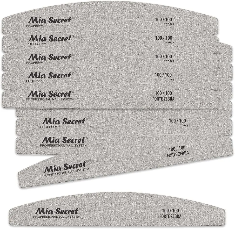 Mia Secret Forte Zebra Nail Files, 100/100 Grit Halfmoon, Professional Manicure Tools with Gentle Emery Grains for Flawless Nail Care, 50 Pack, Precise Shape, Smooth Edges, Natural & Gel, Effective Filing Power, Basic Nail Tools