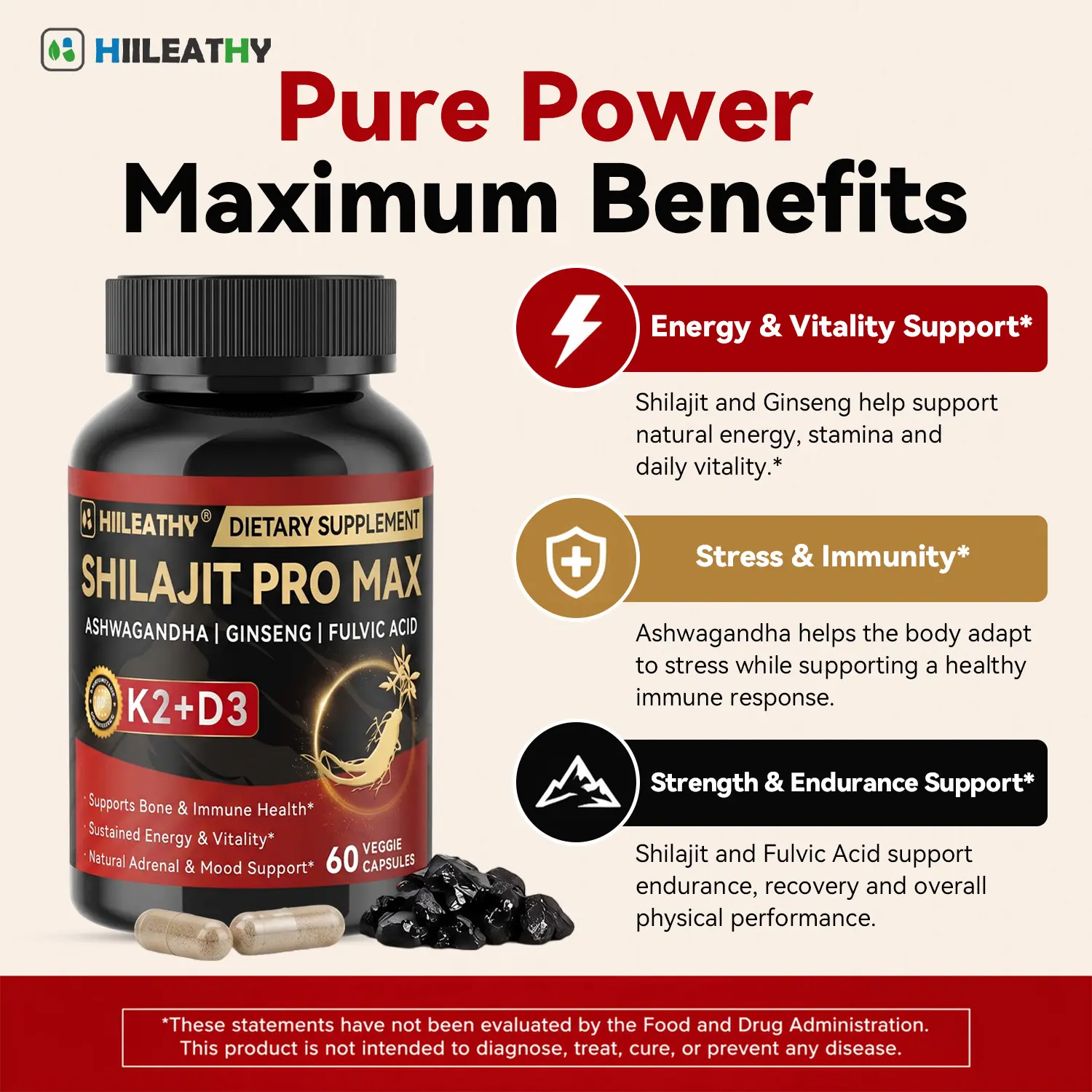 【HIILEATHY】Premium Shilajit Pro Max # - 60 Capsules - Enhanced with K2 + D3 - Packed with 84+ Minerals & Fulvic Acid