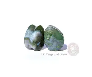 Genuine Moss Agate Teardrop Plugs, Double Flare Unisex Body Jewelry for Stretched Lobes, Sold as 1 Pair, Daily Wear 6mm-25mm (1in)