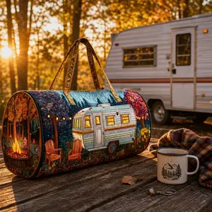 Quilted Camper Van Duffle  for Women — Retro RV Travel Weekender , Lightweight Polyester Overnight Tote 15"×14"×4", Cute Camping Quilted Duffel for Road Trip Weekend Getaway Vacation Gift  mother  outdoor day bag