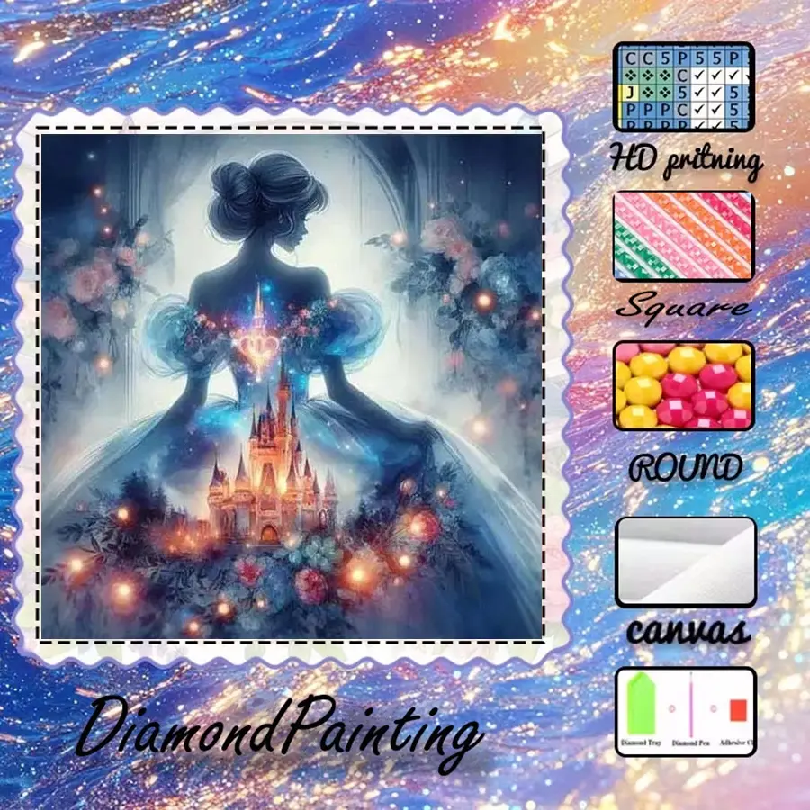 5D-DIY, Diy Diamond Arts, velvet canvas, diamond art, diamond painting, diamond painting kit, princess, castle, fantasy AB diamonds, crystal diamonds, home decor