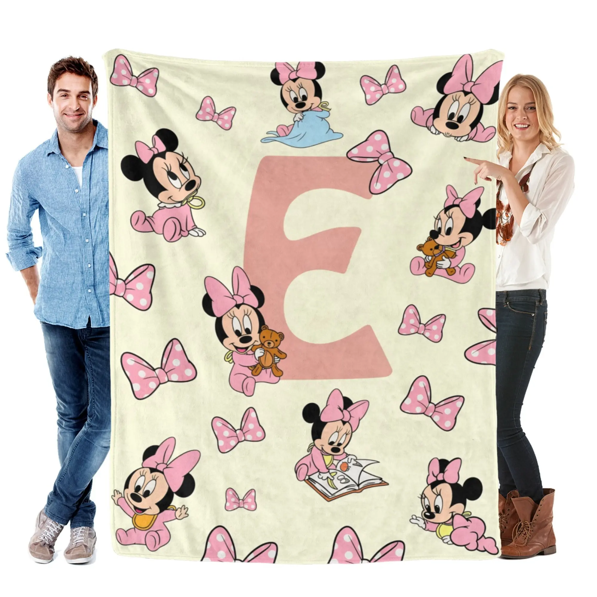 [SummerVibes] DISNEY CLASSIC Baby Minnie Mouse Flannel Blanket, Soft 2D Cartoon Print Throw for Nursery, Kids Bed & Home Decor