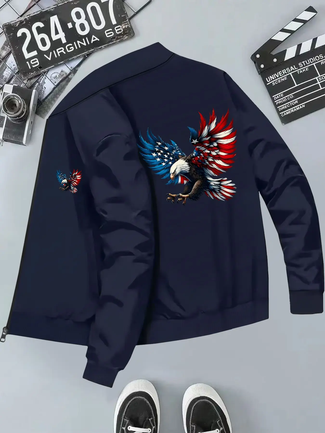 Blue Eagle Print Street Style Baseball Jacket, Coats, Long Sleeve Fitted Outerwear for All Seasons, Casual Geometric Pattern Commuter Top