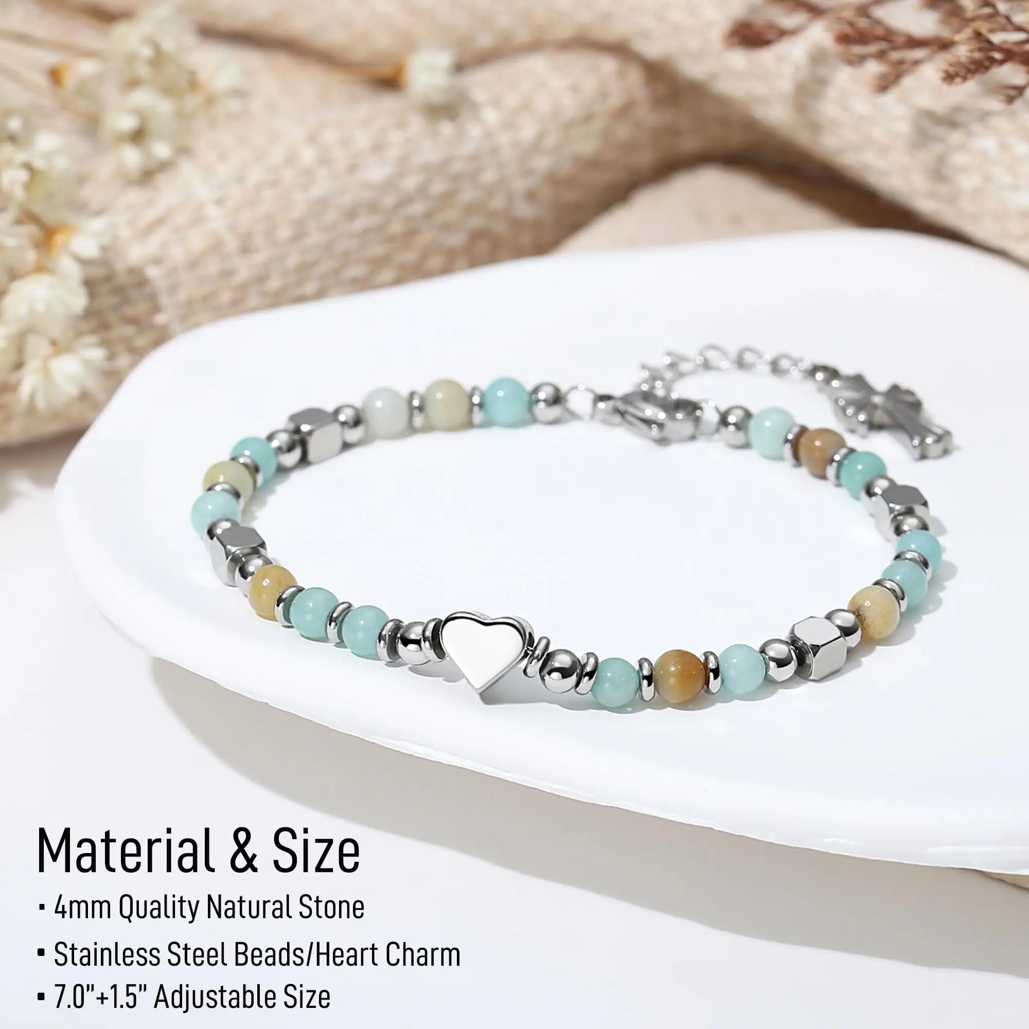 God Bless You Baptism Christening Gift for Girls Women Natural Stone Beaded Cross Bracelet Christian Catholic Religious Jewelry Meaningful Faith Keepsake Present First Holy Communion Confirmation Spiritual Message Card