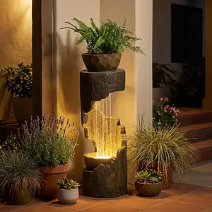 Outdoor Fountain Garden Patio Waterfall Fountain with Lights Rustic Wood-Style Cascading Water Planter Bird Feeder Resin Feature for Deck Backyard 33.9 H Comfort