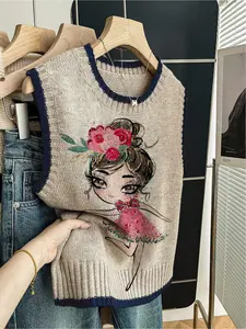 1 piece, Spring/Summer Back-to-School Casual Style Loose Round-neck Sleeveless Knitted Color-Contrasting Dark Blue Embroidered Floral Women's Knitted Top, Womenswear, Vests