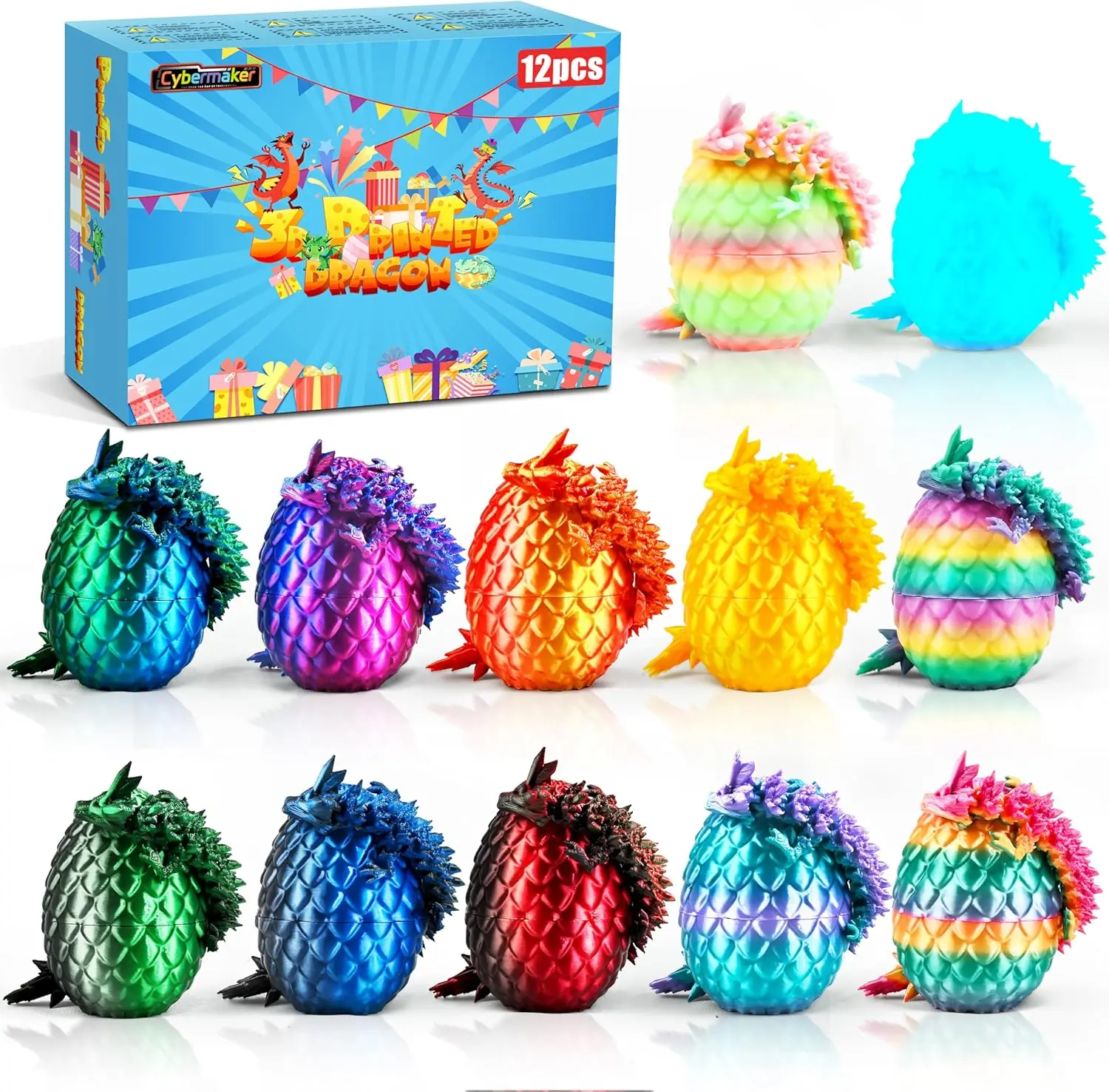 Cybermaker 12pcs 3D Printed Bright Fantasy & Sci-Fi Dragon Eggs, Articulated Dragon Fidget Toys for Desk Decoration, Unique Father's Day Gift for 8-10 Years Kids, Classroom Prize Collectibles Set