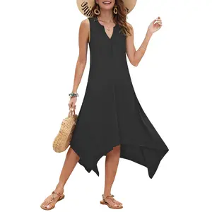 AUSELILY Summer Dresses for Women 2026 Casual Sleeveless Sundress Asymmetrical Hem Tank Midi Dress with Pockets