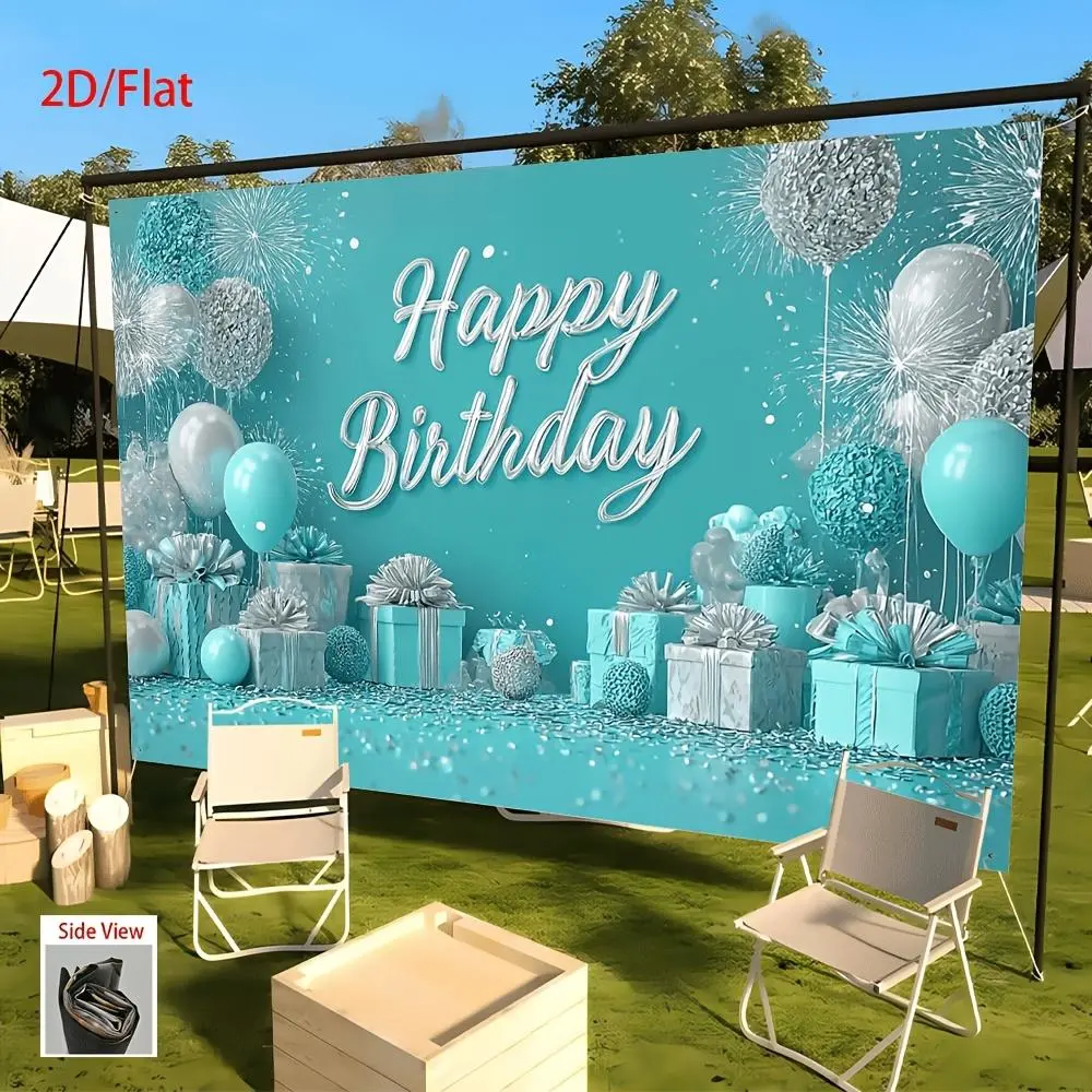 1pc Printed Turquoise & White Polyester Birthday Flat Backdrop Banner - 1-Piece, Easy Hang, No Electricity Needed, With Balloons for Home, Outdoor Party Decor