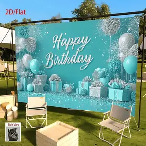 1pc Birthday Party Banner Backdrop - Happy Birthday Decoration with Balloons, Turquoise & White Birthday Decorations for Parties, Weddings, Home, Office - No Electricity Needed, Easy Hang Flat Banner for Photo B