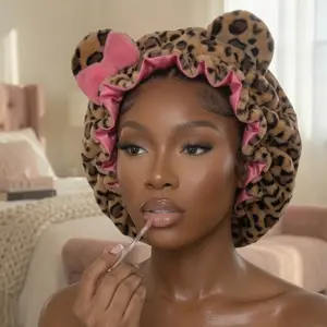 Luxury Teddy Material Hair Bonnet Hood - Leopard Print Pink Sleep Hair Wrap for Haircare, Styling, Ideal Women's Gift