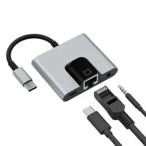 Type-C to Rj45 Ethernet Adapter, Type C Accessories, Gigabit Speed USB Charging + 3.5mm Headphone Jack, Aluminum Alloy Material, Supports Voice Calls