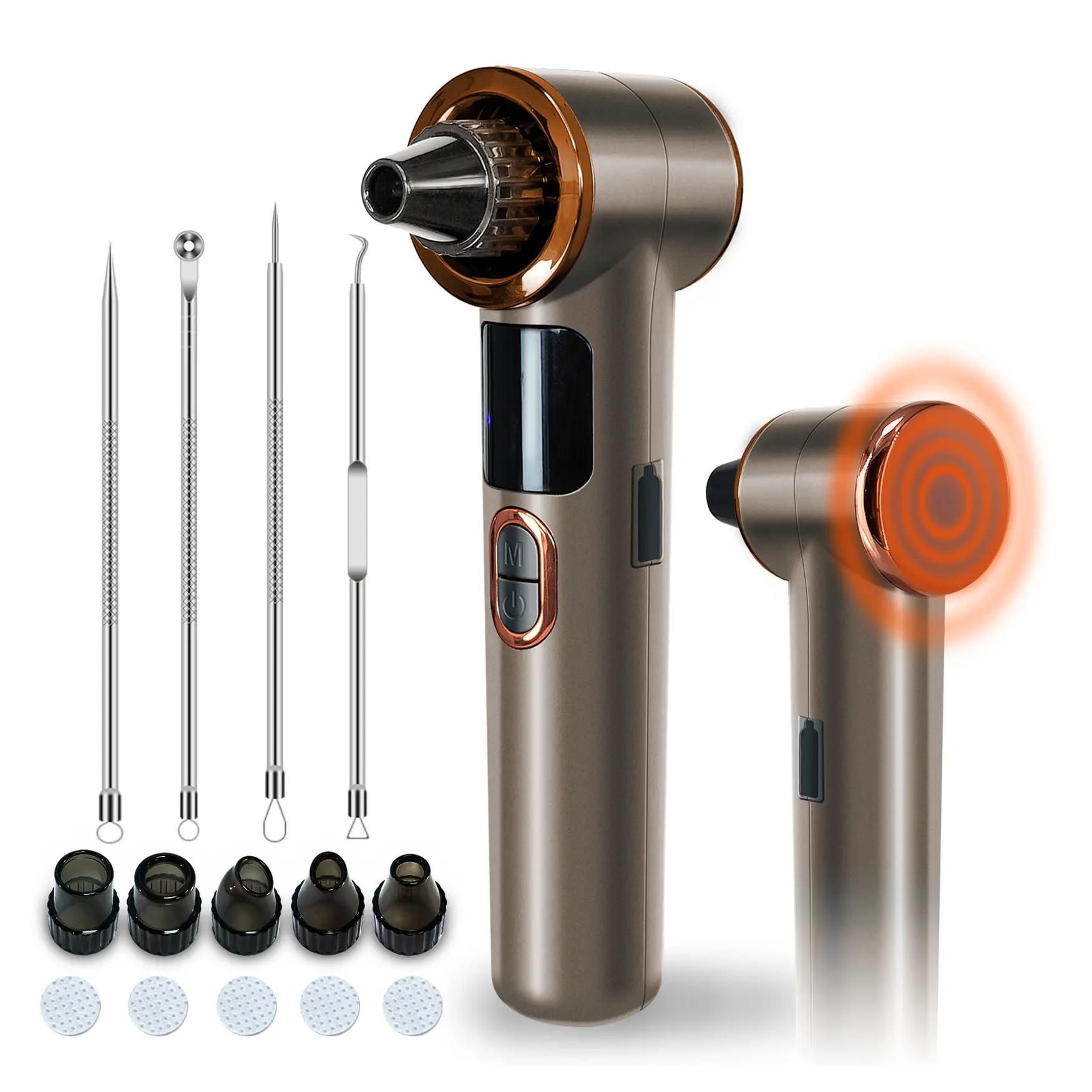 Heated Blackhead Remover Vacuum with 3 Suction Levels, LED Display, 5 Suction Heads and Stainless Steel Extraction Tools, USB Rechargeable Facial Pore Cleaner Kit for Home Use