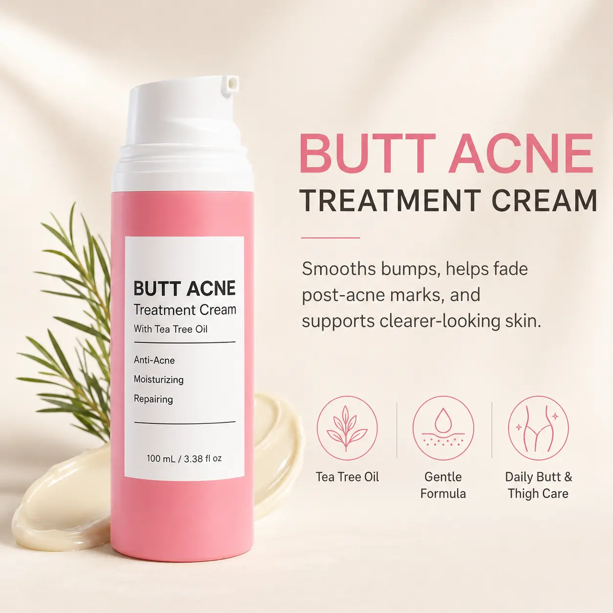 Butt & Body Smoothing Cream with 2% Salicylic Acid & Tea Tree Oil | Body Cream for Rough Bumps, Buttocks, Thighs & Smooth-Looking Skin | 3.38 Fl Oz