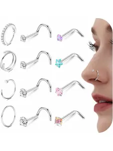 12Pcs Nose Rings Hoops Hypoallergenic 316L Surgical Steel L Shape Nose Studs Silver/Gold with Cubic Zirconia Nose Piercing Jewellery 22G 20G 18G Nose Rings Set