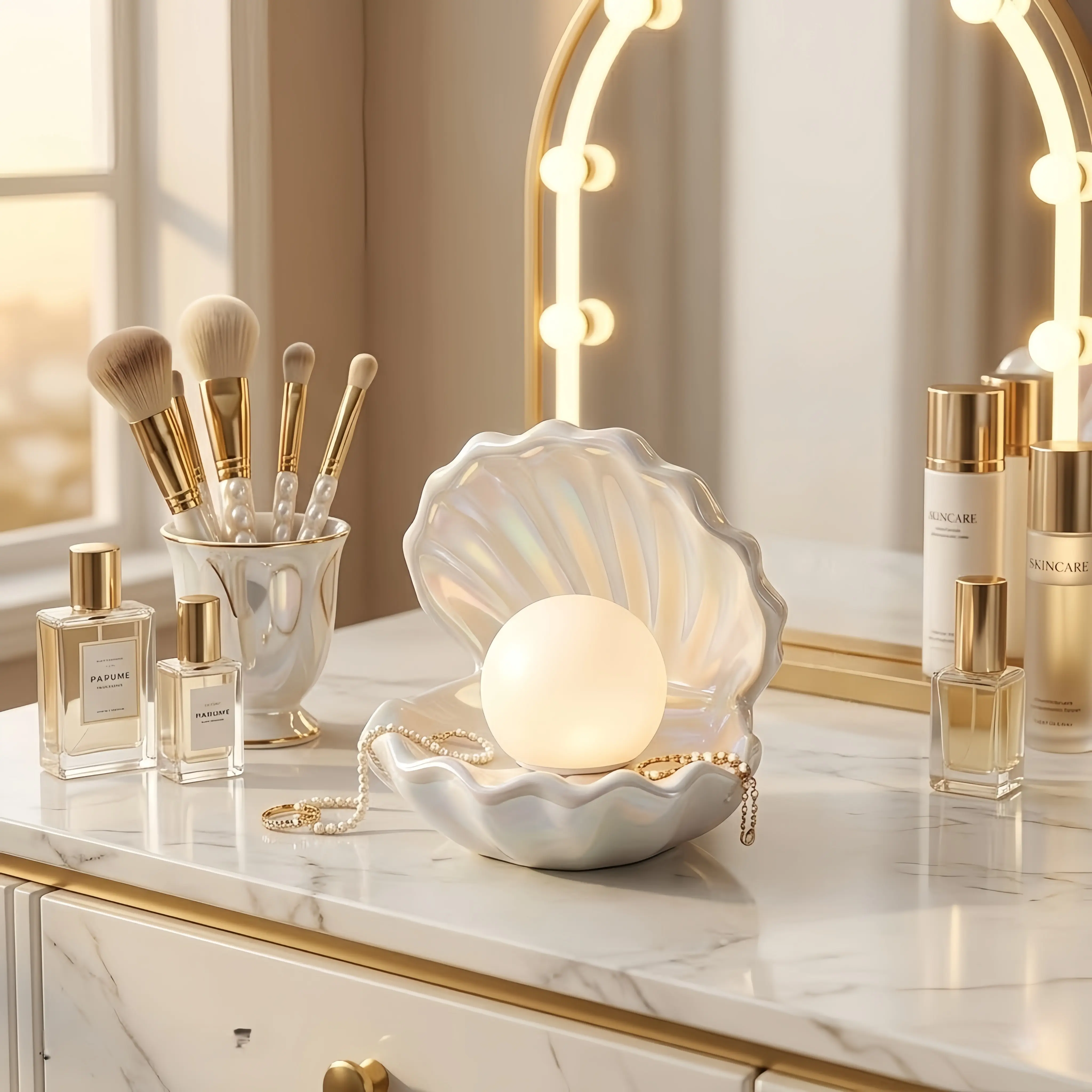 Ceramic Clam Shell Pearl LED Night Light - Functional & Decorative Home Decor Room Accessories, Pearl Glow Jewelry Holder, Ring Necklace Organizer Tray for Bedroom Vanity to Enhance Your Space
