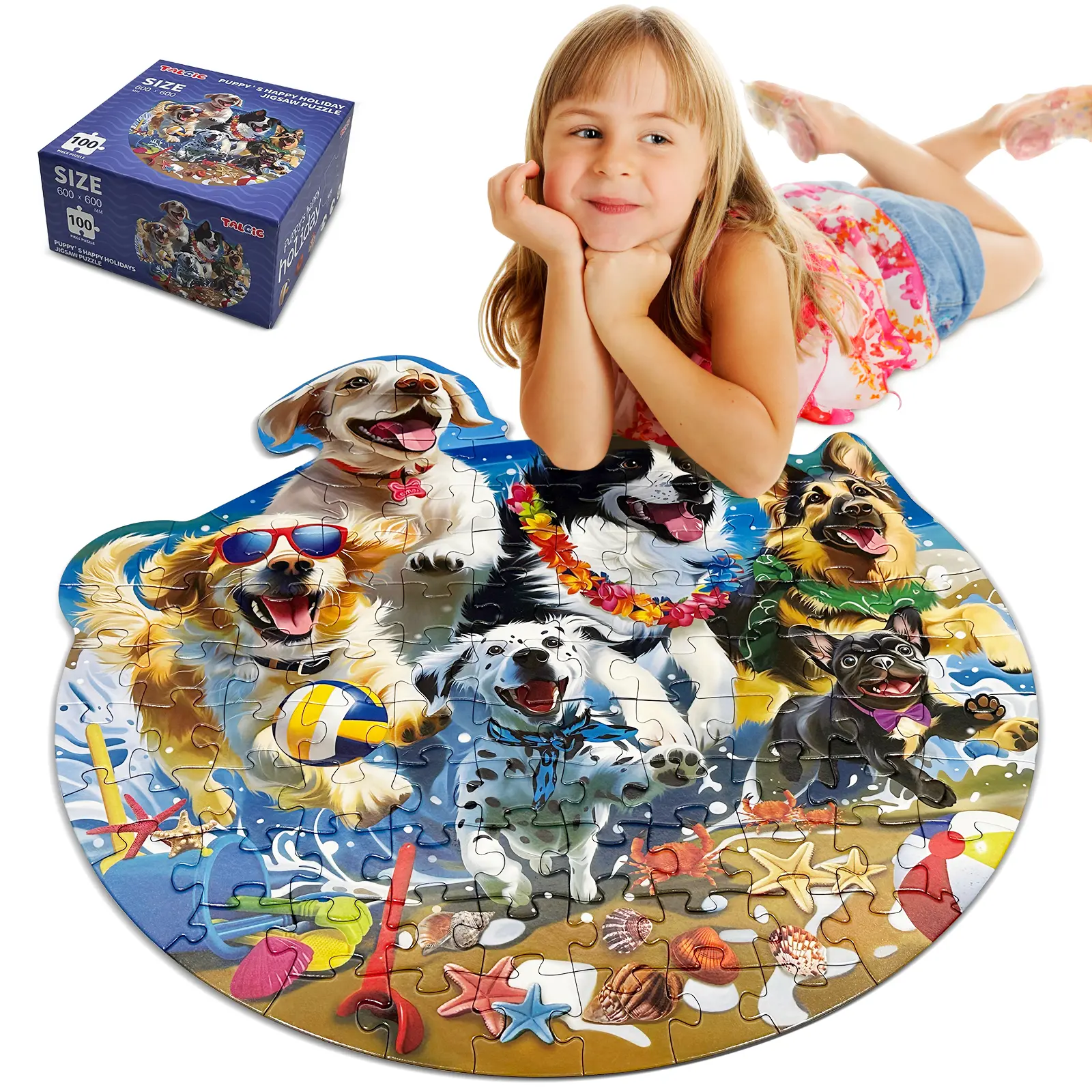100-Piece Large Puppies Floor Puzzle for Kids Ages 4-6, Beach & Ocean Animal Cardboard Jigsaw Puzzle, Interactive Playful Screen-Free Cognitive Educational Learning Toy Gift for Boys & Girls, Interactive Multi-Piece Jigsaw Puzzles, Playful Jigsaw Puzzles
