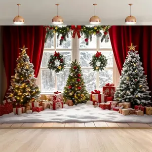 Christmas Window Snow Scene Cozy Background Cloth for Holiday Photos and Decorations Universal Polyester Banner Multipurpose Party Event Decoration Outdoor Celebration Birthday Party Vibrant Colors Lightweight Easy Installation