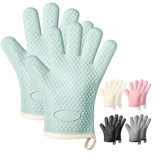 1pc Heat Resistant Silicone Bakeware Oven Mitts Up to 400°f, Waterproof Non-Slip Design with Finger Protection, Cotton Lined Kitchen Gloves for Baking Cooking BBQ(Green,PInk,Gray,Black)