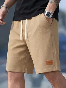 Men's Waffle Knit Casual Sports Shorts, Casual Athleisure Shorts, Soft Skin-Friendly Fabric, Adjustable Drawstring Waist, Side Leather Tag Design, Versatile for Daily Wear