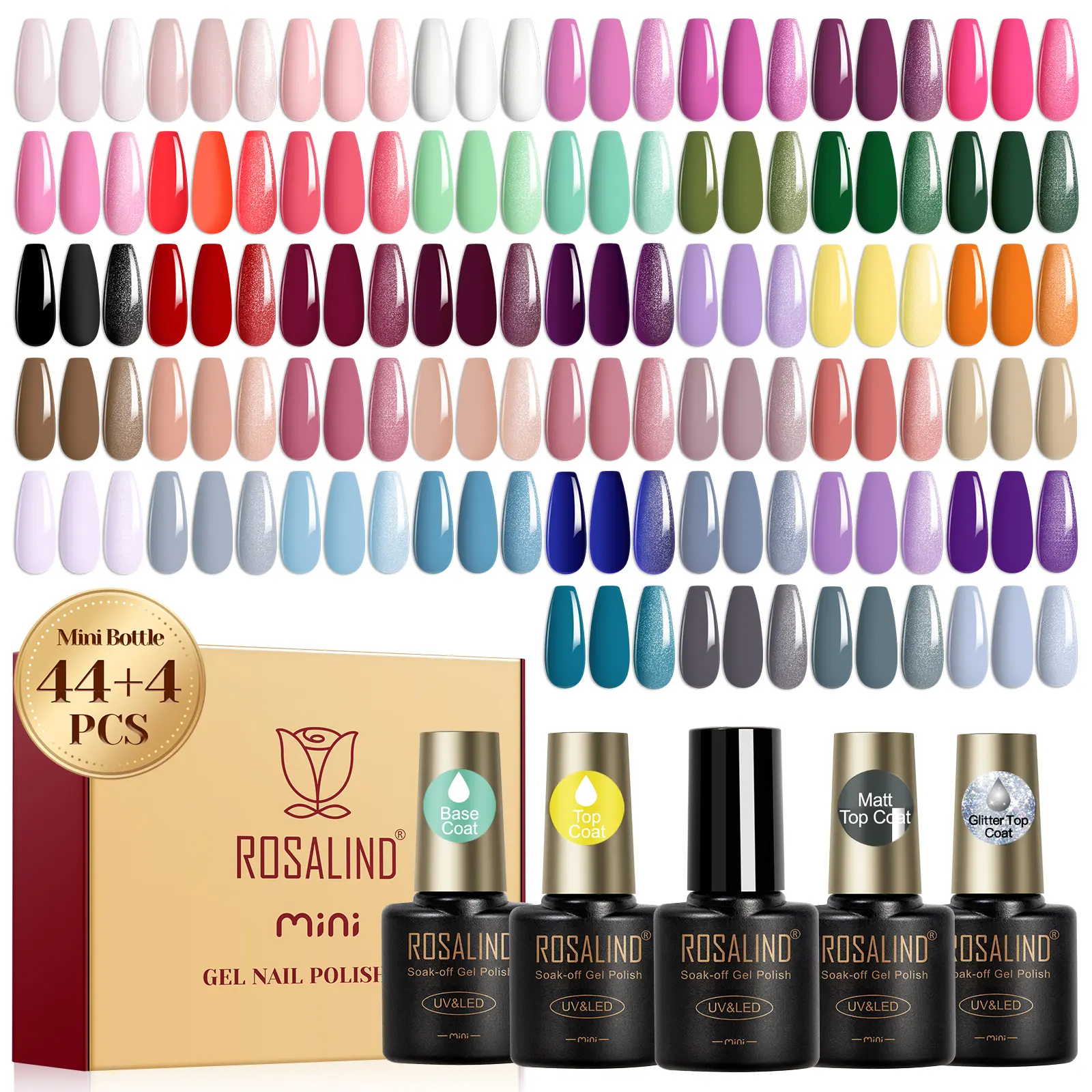 ROSALIND 48pcs Gel Nail Polish Set 44 Colorful UV Gel Polish With Base Coat And Glossy Matt Glitter Top Coat Gel Nail Kit Home Manicure Gift Nail Art DIY