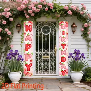 Strawberry Theme Vertical Banner, Watercolor Style, Happy Birthday Hanging Art, Party Decoration, Photo Booth Backdrop