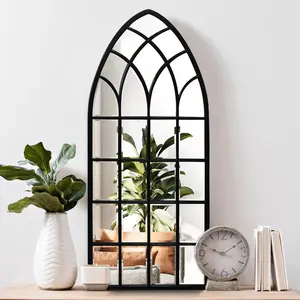 Black Window Mirrors for Wall Decor, Farmhouse Long Arched Mirror Gothic Mirror, Wood Framed Decorative Mirror for Living Room, Entryway, Hallway, Fireplace, 46“X20”