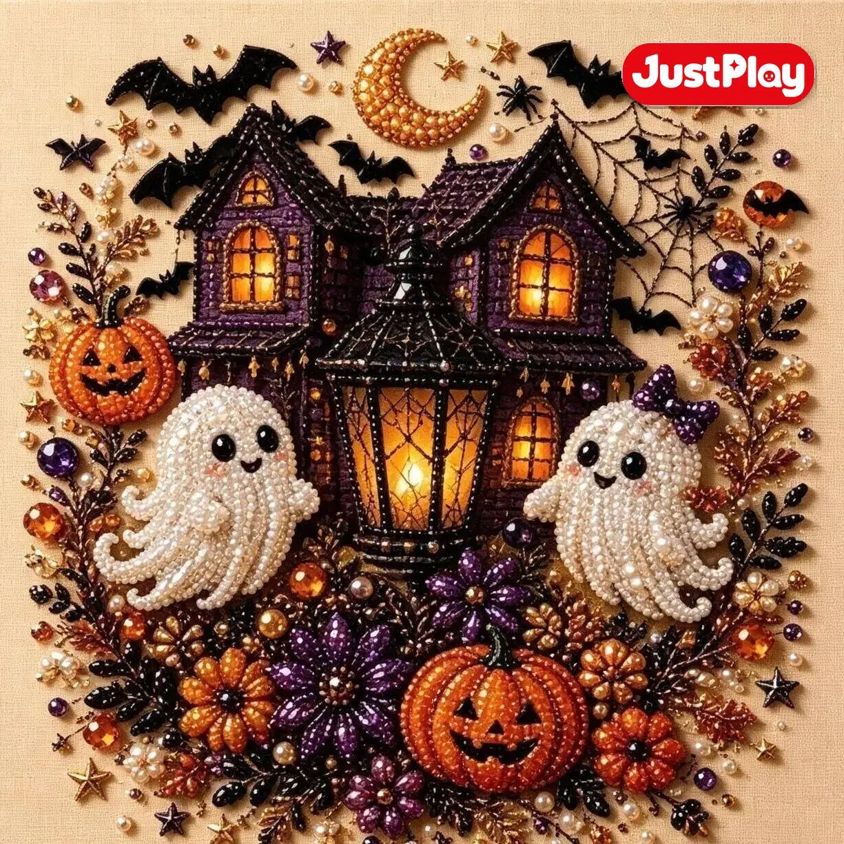 JustPlay 2026 Halloween New Pearl Beads Diamond Painting DIY Kit, Spooky Cute 3D Bead Art Craft, Halloween Art Party Activity Toy for DIY Needlework Enthusiasts