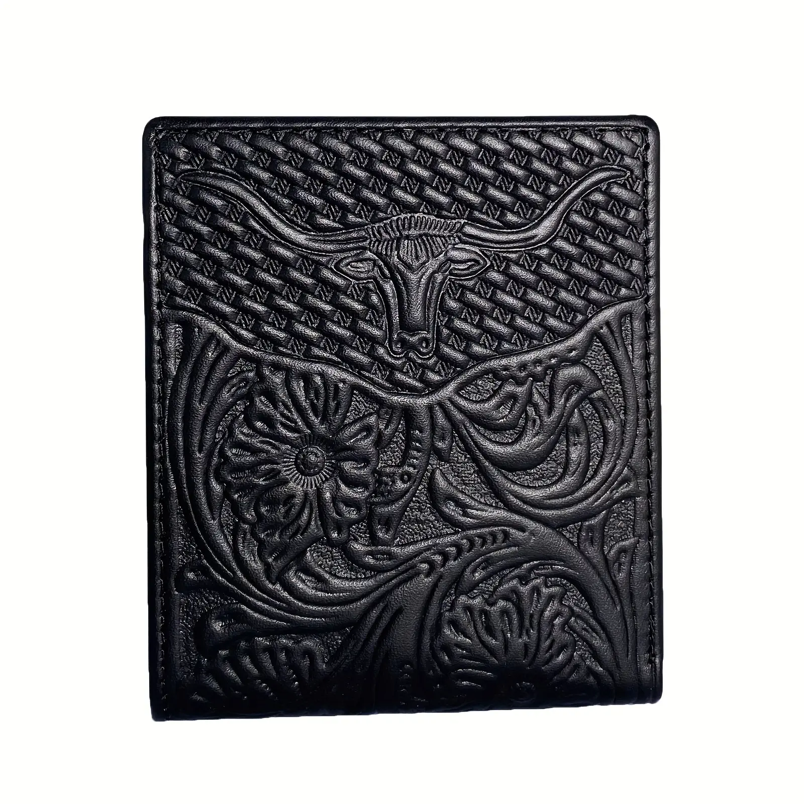 Men's Genuine Cowhide Wallet, Western Style with Floral Ox Head Emboss, Short Bifold Casual Gift for Fathers & Husbands, Mens Wallet, Bifold Wallet