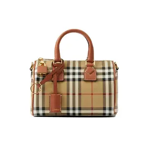 Burberry Leather Mini Bowling Bag with Adjustable Strap and Plaid Pattern for Women