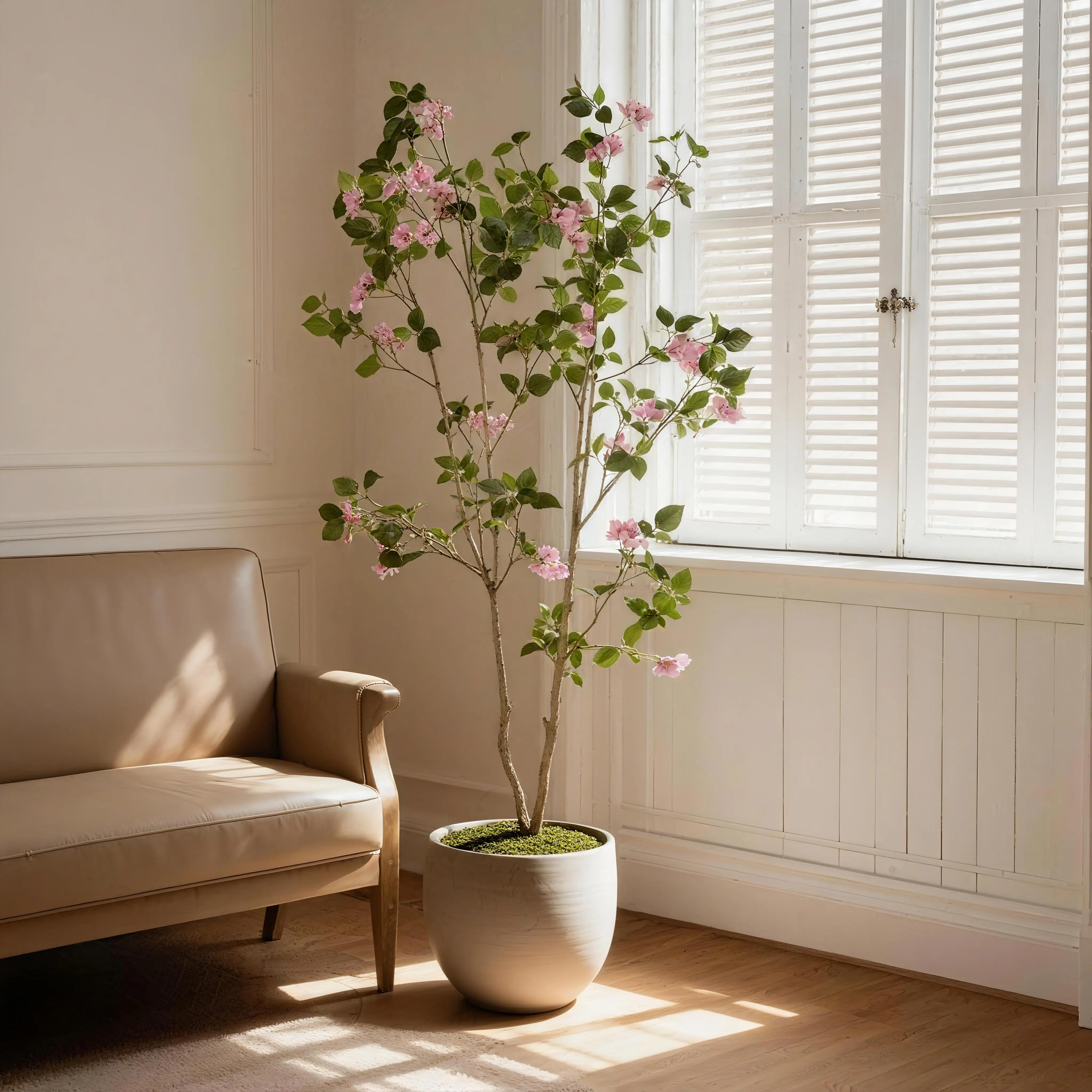 Luxury Modern Adjustable Lifelike Plastic Bougainvillea Triangle Plum Tree, 5-6FT Tall Decorative Fake Plant with Multiple Branches, Green Leaves & Pink Blossoms, Indoor/Outdoor Pot Decor for Daily Home Office Use, Anniversary Gift