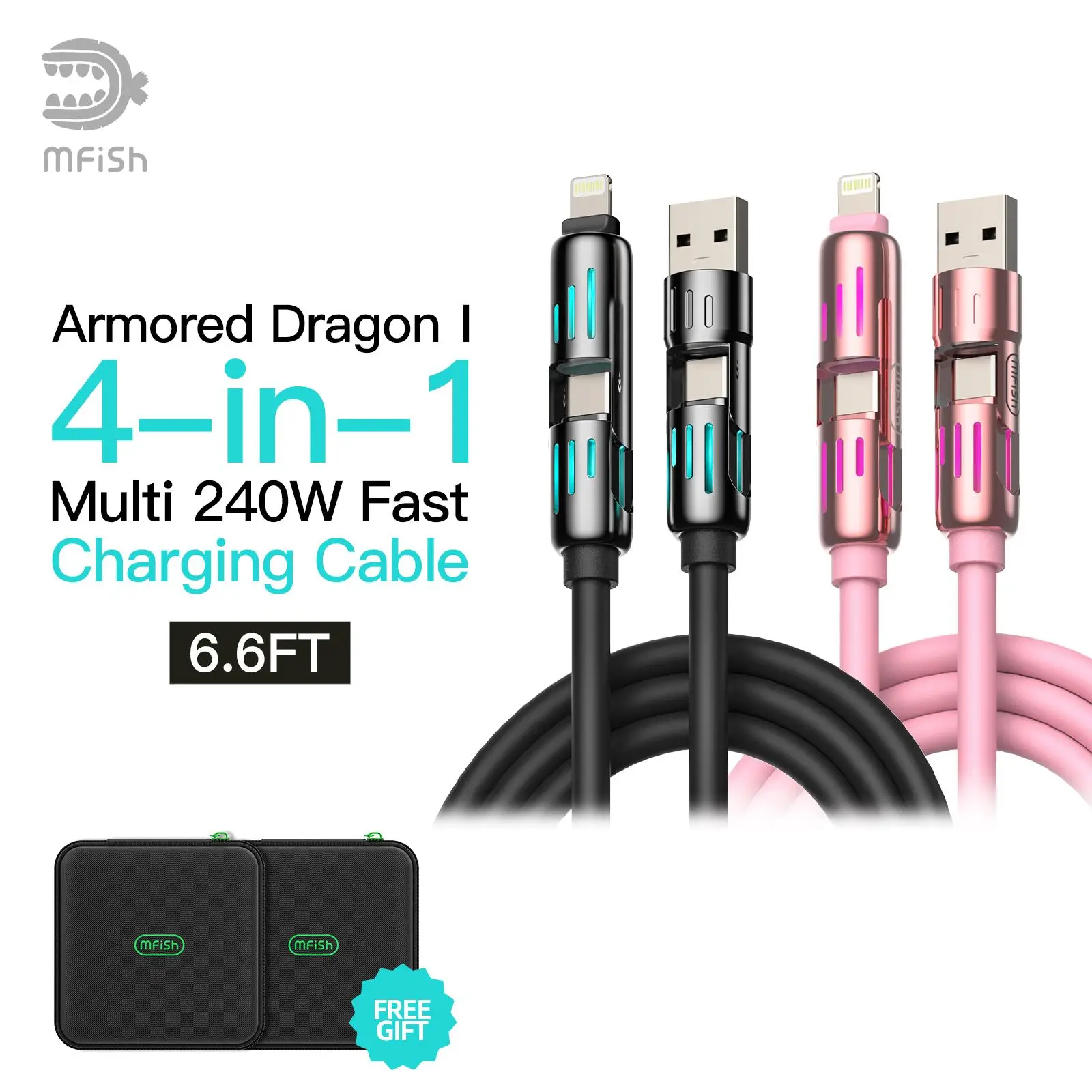 [Buy 1 Get 1 Free] mfish Universal 4-in-1 Multi USB Charging Cable – USB A, Type C, Lightning Connectors – MAX 240W Fast Charging & Data Sync for iPho