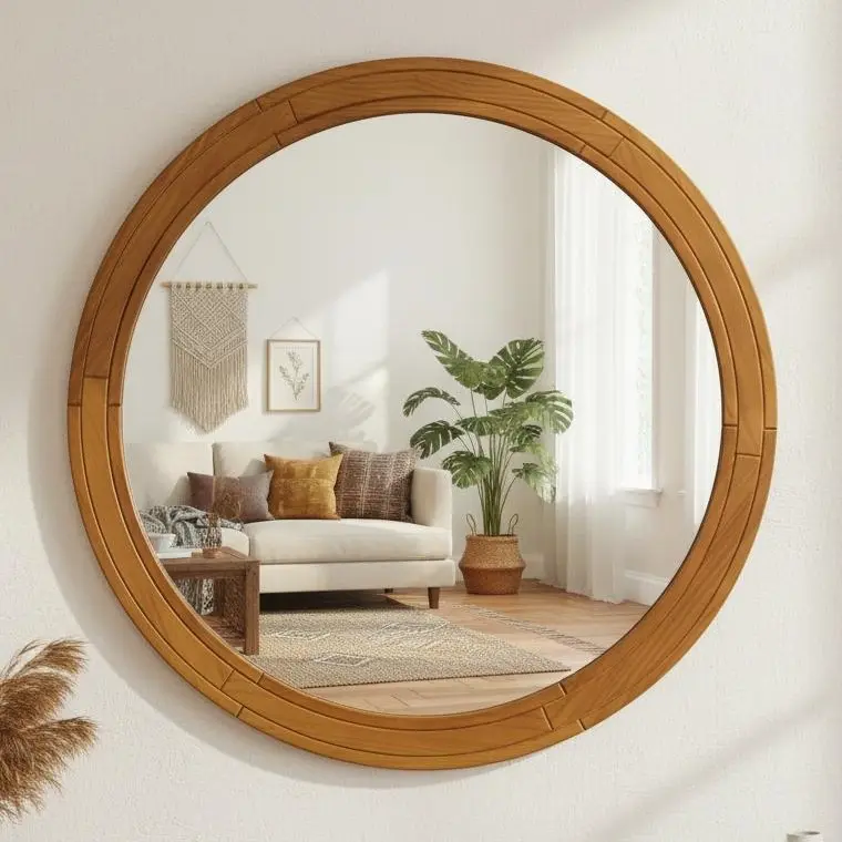 30''X30" Modern Wood Round Flat Mirror - Elegant Design for Bathrooms Bedrooms & Living Rooms - Natural Warmth & Contemporary Look