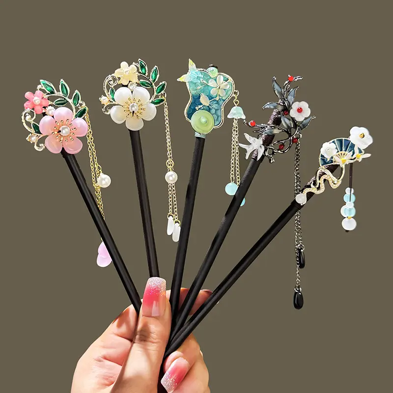 Chinese Style Wood Hair Stick For Women, Vintage Hanfu Tassel Step Shake Hairpin, Imitation Ebony Floral Fan Dangle Hair Fork, Elegant Oriental Updo Hair Accessory For Cosplay Wedding Daily
