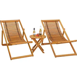 HOMALL 3-Piece Acacia Wood Patio Set, Chaise Lounge Chairs for 2 and Side Coffee Table, Adjustable and Foldable, for Pool, Beach, Backyard, No Assembly