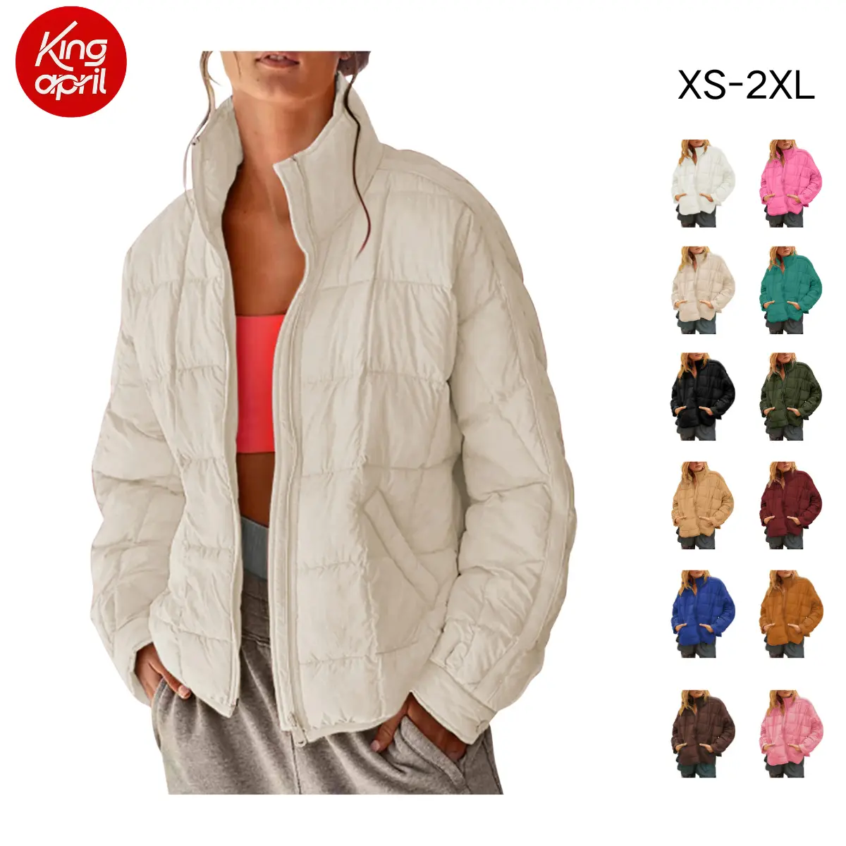 Kingapril women’s down jacket with a turn-down collar and quilted design, lightweight loose casual outerwear with zipper closure and pockets, stylish and foldable