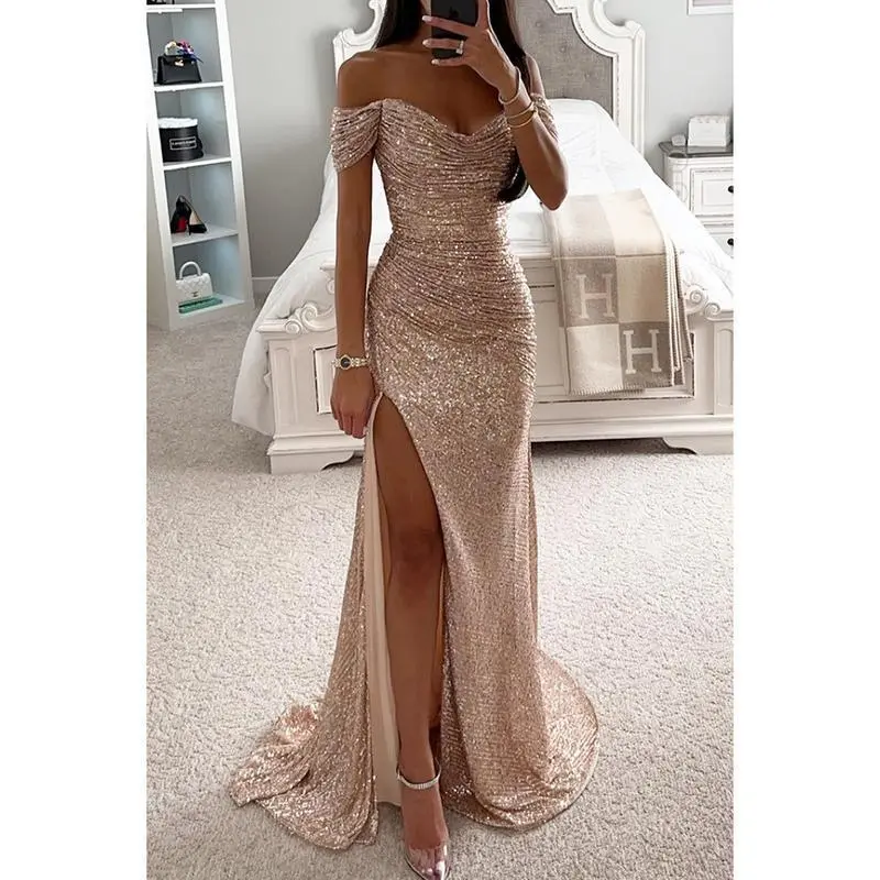 slim fit dress slacks Champagne Dress for Wedding Guest with Draped Sleeves - Pretty Sequin Dress