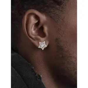 1pair Brilliant Crystal Star Earrings For Men Full Paved White Cubic Zirconia Simple Stylish Earring Versatile Fashion Jewelry