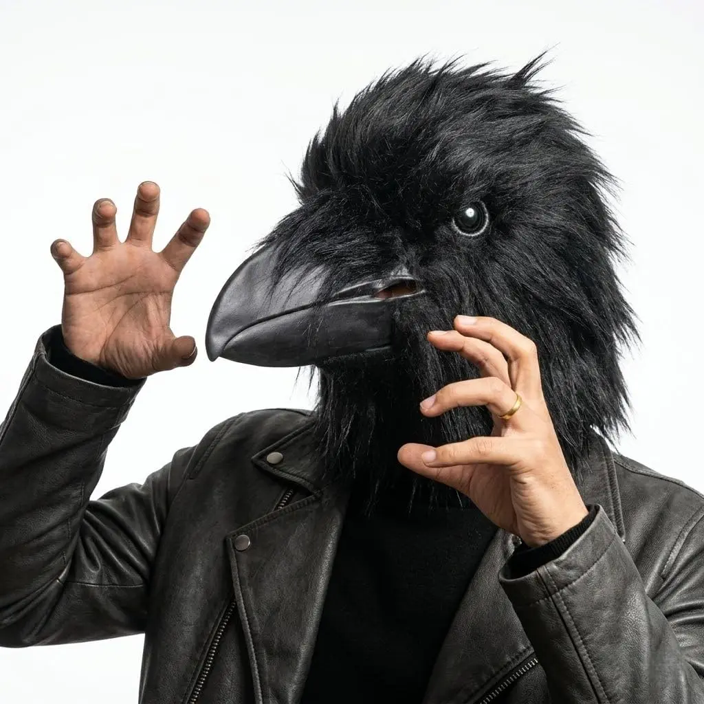 Realistic full-head latex crow mask — gothic black full-head crow mask made of soft latex plush; crow costume mask for Halloween animal role-play parties, carnival props, photo booths, and parties
