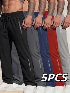 Men's Casual Sport Pants Set of 5, Waist Drawstring, Zipper Pockets, Breathable All-Season Comfort, Loose-Fitting Leisure Wear, Athleisure Pants, Athleisure Bottoms