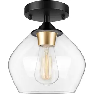 Modern Semi Flush Mount Ceiling Light with Clear Glass Shade, Industrial Close to Ceiling Light, Black Hanging Ceiling Light Fixture for Hallway, Bedroom, Dining Room, Entryway, Foyer