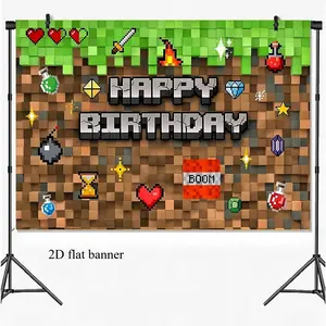 2D flat banner 1 piece Pixel Backdrop Happy Birthday Banner Miner Game Theme Birthday Party Decorations, Party Decorations Banners, for Boys Girls Video Game Backdrop for Boys Miner TNT & Pixel Themed Celebration