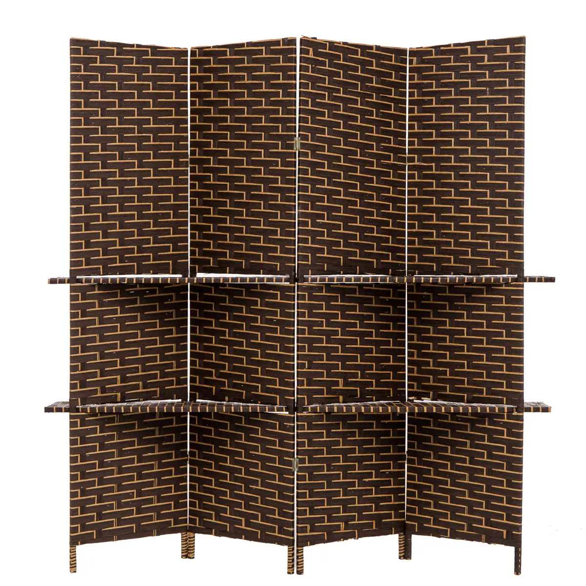 Thy Home Freestanding Bamboo Woven Room Divider - 4 Hinged Panels, 2 Display Shelves, Pre-Assembled Privacy Partition, Natural Look, Woven Texture, Indoor Furniture