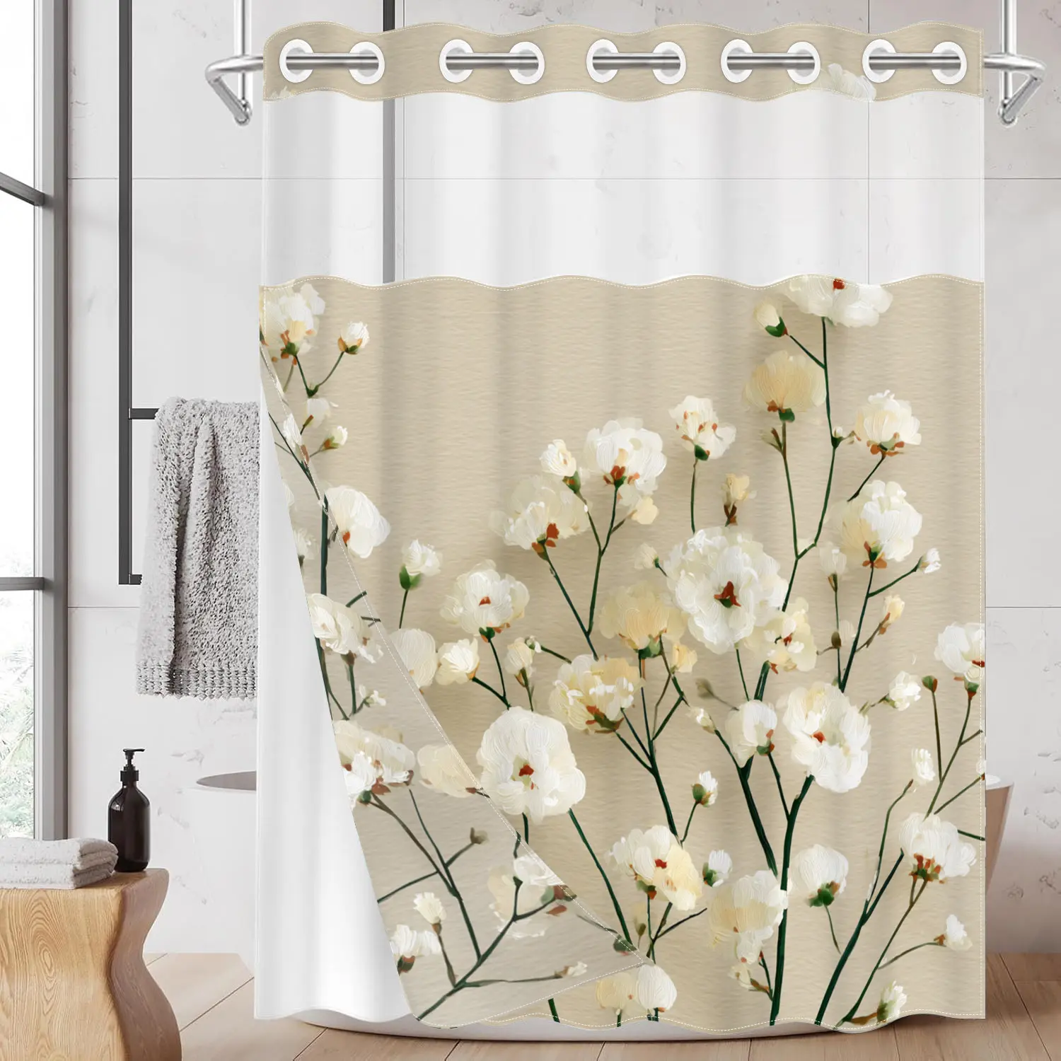 1pc hookless shower curtain with snap fastener, fresh white bouquet 2D Flat Printing, Printed shower curtain, waterproof inner lining double-layer shower curtain with transparent window, 71 x 74 inches, home decoration, Decorative shower curtain