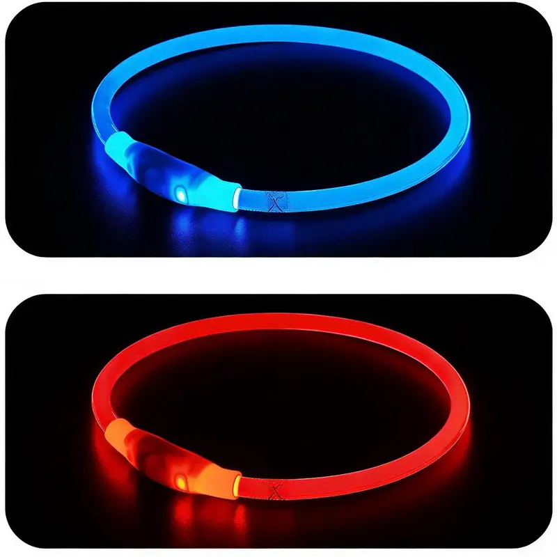 SUNTIRC LED Dog Safety Collar, Adjustable Size, Micro USB Charging Keeps It Simple, 3 Modes, Long Visibility Flash Pet Collar for Night Safety, Small-Medium-Large Dogs (Red/Blue)