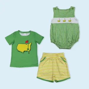 Green Stripes Golf Shirts Pockets Shorts Kids Boy Summer Clothes Set