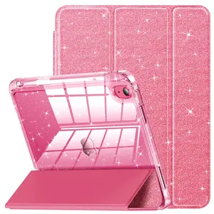 IPad protective case suitable for children’s girls; glitter cover with shiny transparent back, pen slot, and protection for tablets/computers.