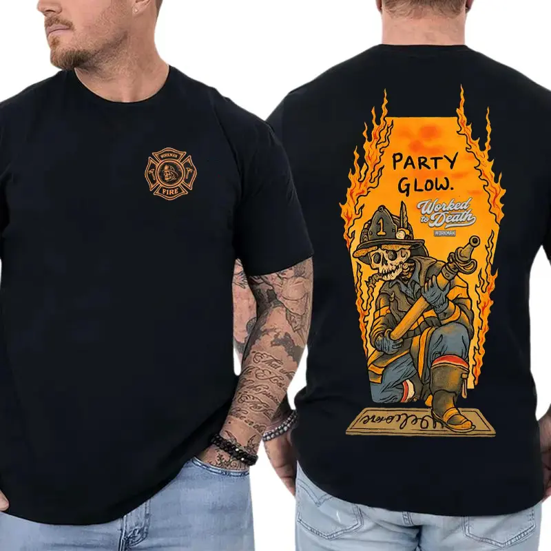 [Graphic Tee] Party Glow Firefighter Skull Flame T-Shirt, Fireman Graphic Tee for Fire Crew & First Responders, Casual Cotton Crewneck Short Sleeve Shirt, Vintage Fire Rescue Workwear Style, Unisex Fit, Firefighter Gift Idea, TikTok Viral Workwear Tee